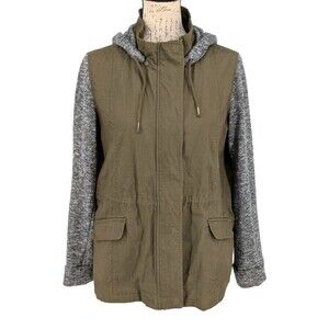 LE3NO Lightweight Jacket Large Olive Cotton Body Gray Knit Sleeves Hood Zip Up